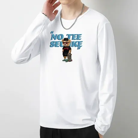 莫代尔秋季长袖t恤男内搭打底衫白色上衣服潮牌小熊印花小衫体恤商品大图