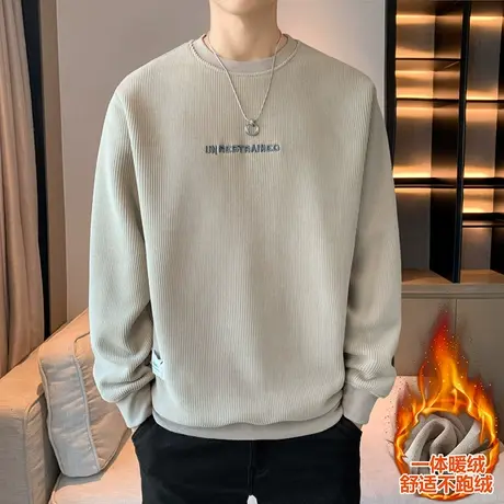 加绒加厚卫衣男秋冬款字母刺绣T恤男潮牌内搭青少年帅气打底秋衣T商品大图