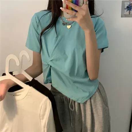 大码扭结短袖女夏季胖mm设计感小众不规则显瘦T恤上衣200斤ins潮商品大图