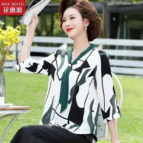 妈妈夏装七分袖上衣T恤2022新款夏季中老年女春装雪纺衫大码小衫商品大图