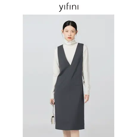 Yifini/易菲宽松无袖深V领叠穿连衣裙女秋冬新款百搭时尚裙子图片