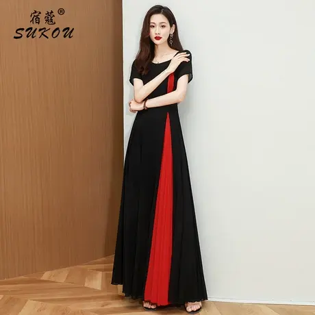 别致黑红色拼接连衣裙女2024夏新小众独特裙子收腰雪纺文艺长裙图片