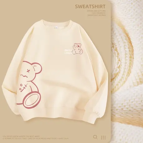 卫衣女秋季宽松圆领薄款小熊女生衣服2023新款春秋百搭设计感上衣图片