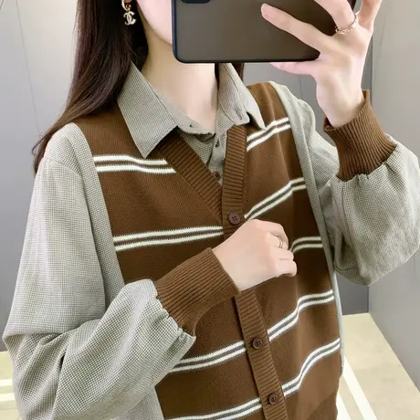 女装秋季2025新款气质衬衫洋气小衫针织假两件衬衣设计感长袖上衣图片
