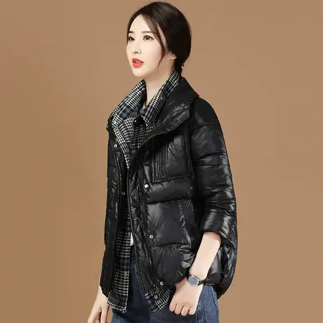 韩潮袭人假两件夹棉加厚棉衣棉服2023冬季新款宽松格子外套棉袄图片