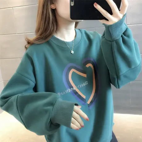 2023秋冬新款休闲慵懒风爱心印花百搭宽松卫衣加绒加厚外套长袖潮商品大图