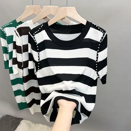 圆领钉珠冰丝针织衫女2023春夏秋新款条纹外穿上衣短袖薄t恤衫潮商品大图