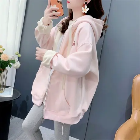 加绒加厚休闲连帽卫衣外套女中长款秋冬2023年新款宽松慵懒风上衣商品大图