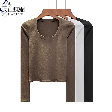 春秋新款韩版圆领修身纯色短款纯欲纯棉长袖体恤上衣内搭女打底衫商品大图