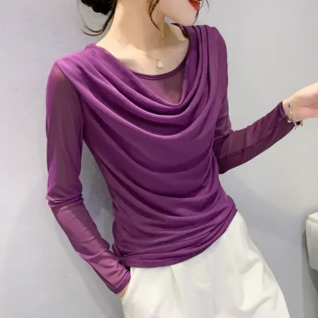 气质网纱打底衫女长袖欧货时尚垂感圆领T恤ins假两件修身上衣春秋商品大图