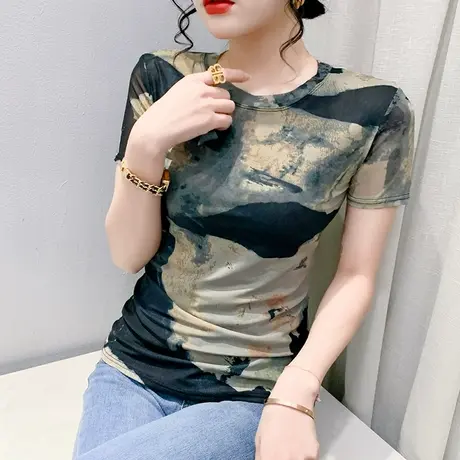 欧货扎染网纱T恤女短袖2024夏季新款设计感小众上衣修身显瘦小衫商品大图