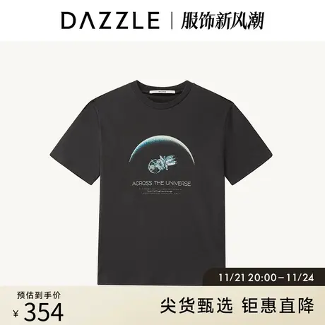DAZZLE地素奥莱 春夏小众黑色太空刺绣印花圆领短袖T恤女图片