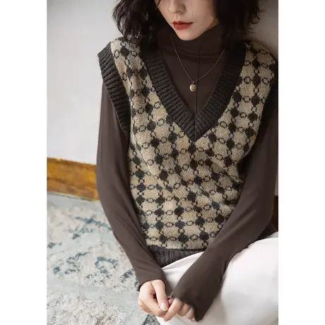 美拉德穿搭弥古复古格子针织马甲女秋冬外穿内搭毛背心显瘦小坎肩商品大图