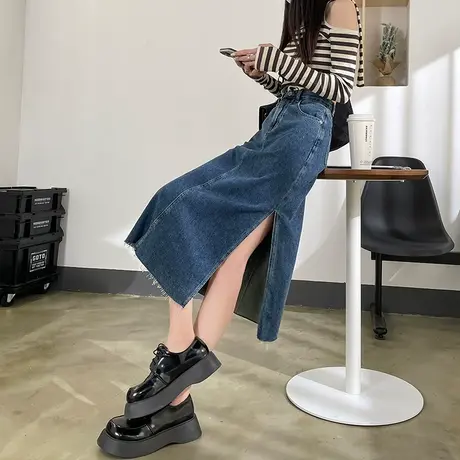 牛仔裙女春秋2023年新款毛边半身裙中长款高腰包臀开叉a字长裙子图片