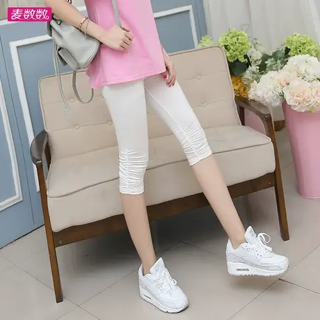 薄款女纯色棉七分打底裤弹力褶皱边7分裤高腰显瘦松紧腰大码黑色商品大图