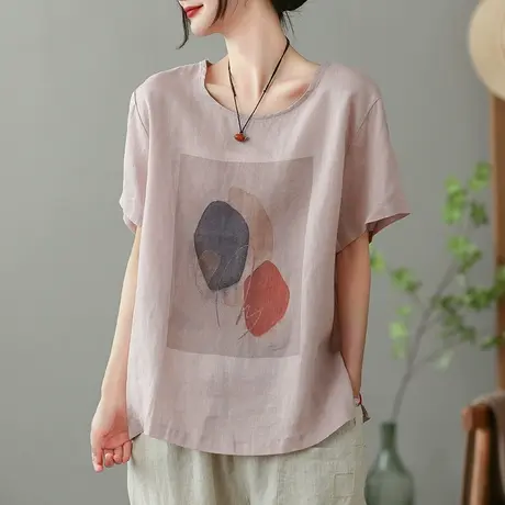 dza复古亚麻短袖T恤女2023夏季薄款圆领打底体恤宽松棉麻套头上衣商品大图