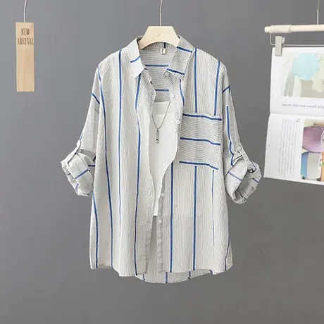 2024年春夏新款条纹长袖外套衬衫女宽松百搭薄款开衫衬衣休闲上衣图片