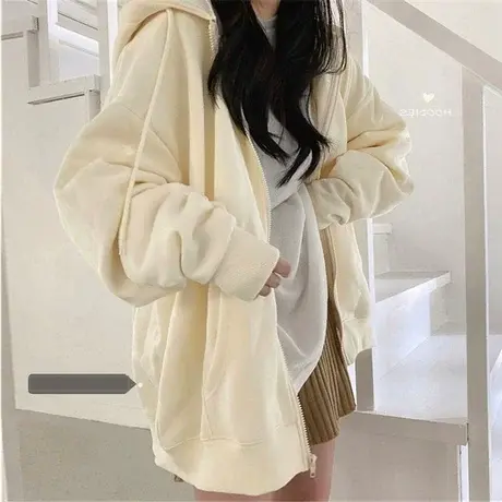 日系纯色连帽卫衣秋休闲chic大码薄款外套ins潮慵懒风开衫上衣女图片