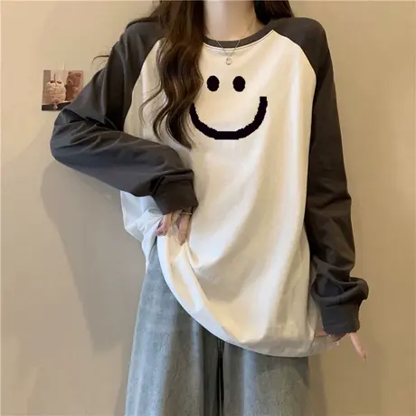 笑脸印花长袖T恤女秋冬内搭德绒保暖打底衫韩版宽松插肩袖上衣服商品大图