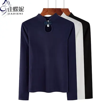 秋冬新款半高旗袍领纯欲复古修身纯色德绒保暖长袖体恤上衣女打底商品大图