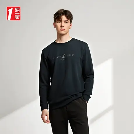 海一家字母印花套头衫2023秋季新款简约大方基础休闲长袖T恤男商品大图