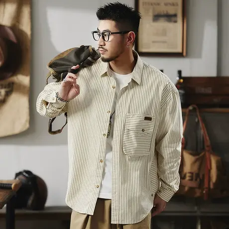 Modi Nick/摩帝尼克秋季男士衬衫外套长袖宽松潮流休闲条纹衬衣男图片