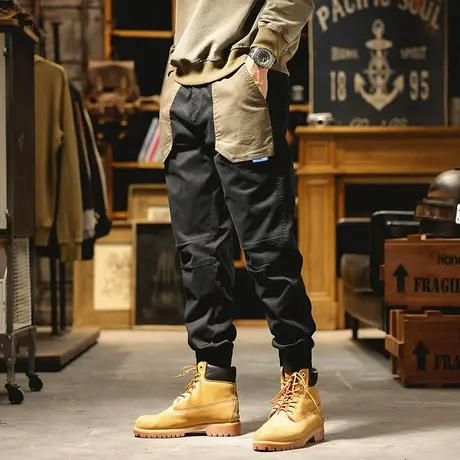 裤子男士冬季款束脚工装裤2022潮牌哈伦裤子束脚松紧腰宽松休闲裤商品大图
