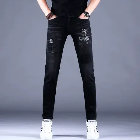 男士刺绣印花牛仔裤男款秋冬季新款修身小脚休闲裤子高端轻奢潮牌图片