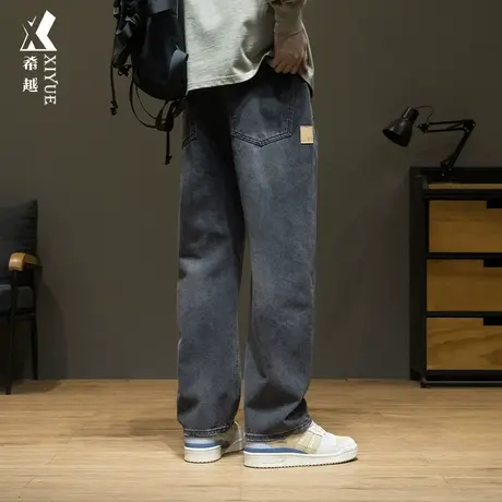 希越复古水洗牛仔裤男秋冬抽绳直筒休闲裤子宽松大码百搭拖地长裤商品大图