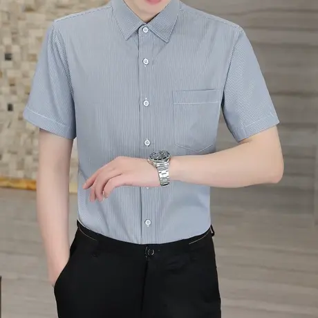 夏季条纹衬衫高端免烫修身半袖寸衫潮流休闲高级感衬衣男短袖商务图片