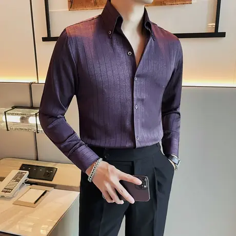 法式大尖领衬衫男长袖秋季新款肌理感压花暗条纹质感寸衣修身痞帅图片