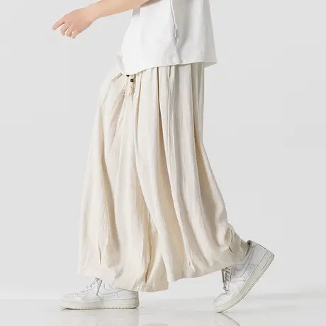 中国风男休闲裤加肥加大码棉麻亚麻阔腿裤宽松直筒九分裤潮哈伦裤图片