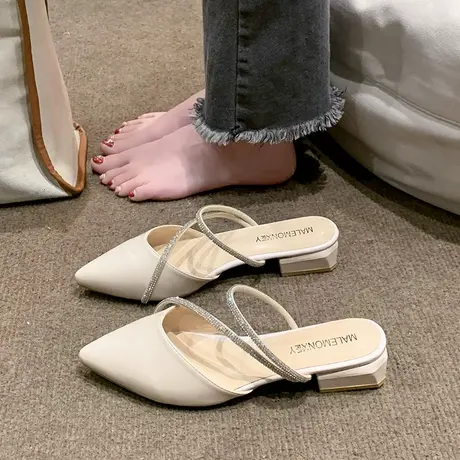 2024夏季新款法式优雅尖头凉鞋水钻带一脚蹬粗跟包头半拖鞋女外穿商品大图