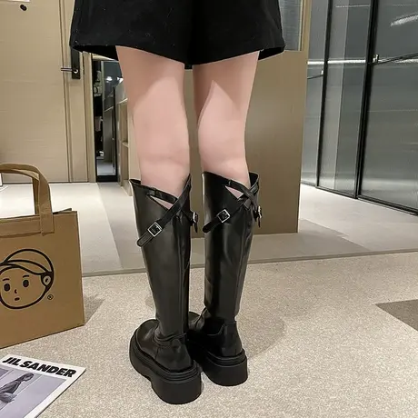 永希长筒靴女2023年秋冬季新款厚底小个子显瘦辣妹骑士靴黑色靴子商品大图