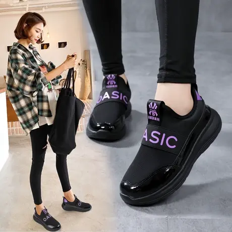 老北京布鞋女黑色妈妈运动鞋秋季女士旅游鞋一脚蹬软底休闲鞋时尚商品大图