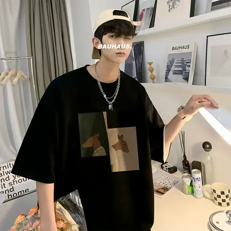 欧美潮牌重磅T恤男士纯棉大学生三本针短袖男款潮流痞帅7分半袖衫商品大图