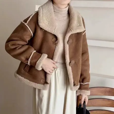 2024秋冬新款韩范时尚洋气鹿皮一体绒加绒加厚外套女装保暖上衣潮商品大图