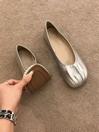 2023新款秋季平底单鞋女复古气质百搭配裙子银色温柔秋款豆豆鞋子商品大图