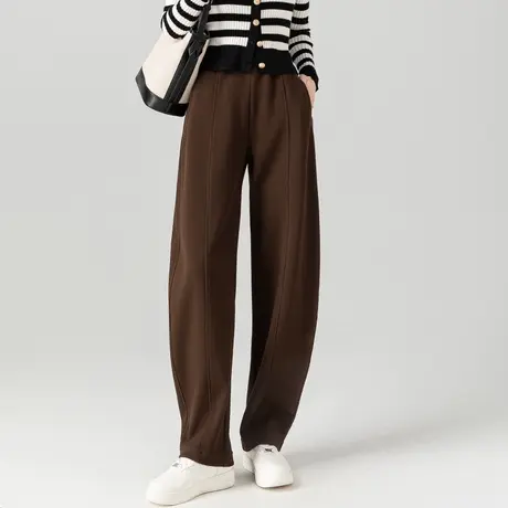 咖啡色弯刀裤女2023新款秋冬季欧货加绒裤子女士休闲裤卫裤松紧腰商品大图