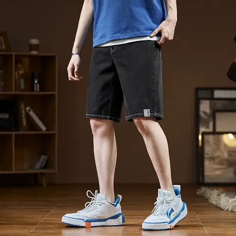 唐狮修身牛仔短裤夏季男新款黑色直筒薄款牛仔中裤子韩版潮图片
