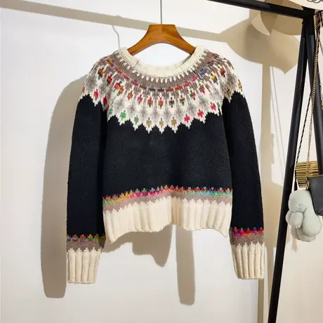 针织毛衣女秋冬新款复古小众费尔岛提花圆领套头休闲短款上衣外穿商品大图