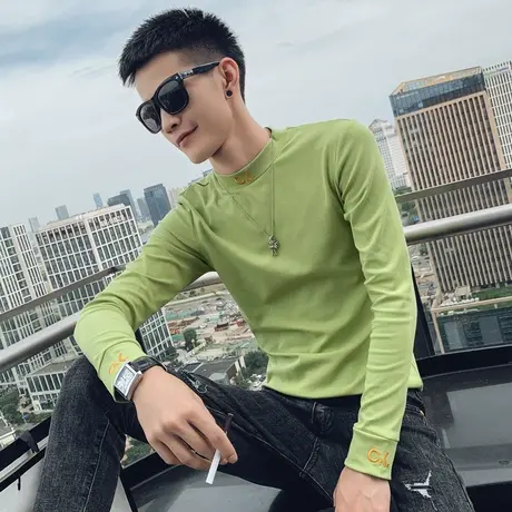 秋季t恤打底衫上衣长袖修身套头潮流圆领网红潮牌刺绣百搭打底衫商品大图