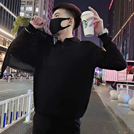 潮牌翻领毛衣男秋冬季POLO衫领针织衫2022新款字母内搭长袖打底衫商品大图