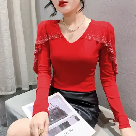 网纱荷叶边T恤女长袖春秋加绒新款性感镂空V领上衣气质烫钻打底衫图片