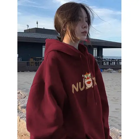 高级感连帽卫衣胖mm大码加绒复古酒红外套ins国潮冬季情侣装上衣商品大图