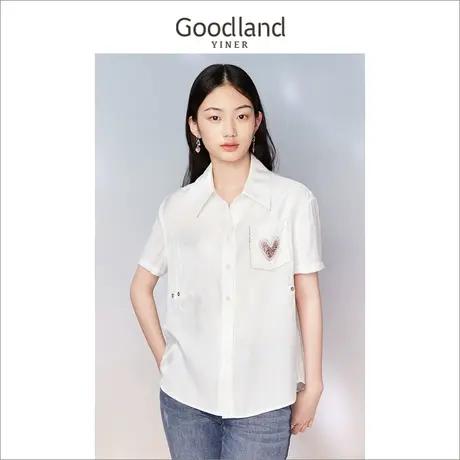 Goodland美地女装2023夏时尚短袖爱心钉珠衬衫POLO领上衣商品大图