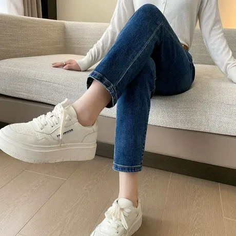 蓝色烟管牛仔裤女2024春秋新款高腰显瘦九分小个子窄版直筒法棍裤图片