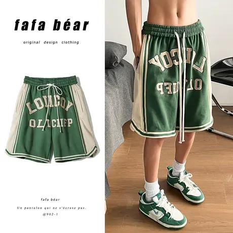 夏季拼接撞色短裤男运动潮牌字母印花美式篮球健身跑步宽松五分裤图片