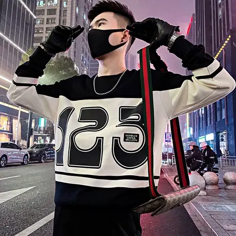 宽松撞色字母设计感潮牌卫衣t恤男春季2024新款长袖圆领上衣体恤商品大图