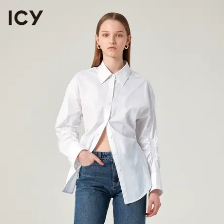 icy女装设计时尚袖子抽褶气质不对称下摆休闲翻领纯色衬衫女上衣图片